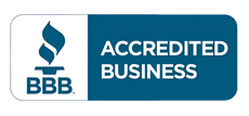 BBB Accredited Business badge with blue logo and white text on a blue background