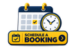 Calendar and clock icon with yellow “Schedule a Booking” button