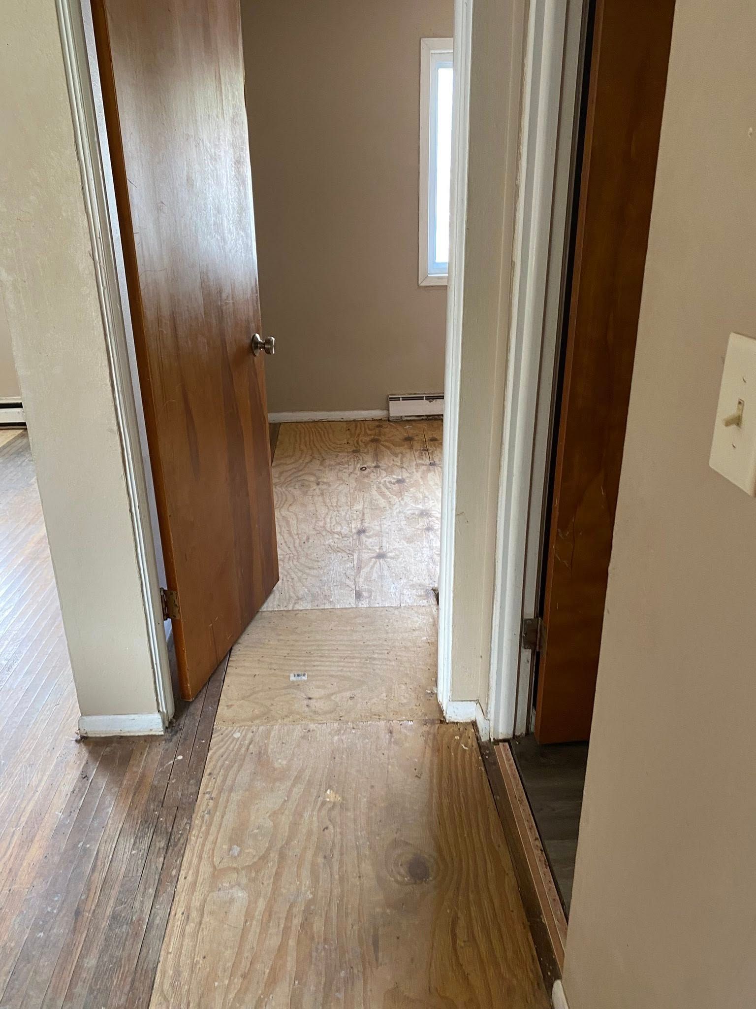 Narrow hallway with brown wood door, beige walls, and carpeted room ahead.