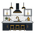 Modern black-and-gold kitchen with island, pendant lights, cabinets, sink, stools, and potted plant