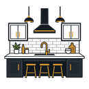 Modern black-and-gold kitchen illustration with cabinets, island, sink, stools, and hanging lights
