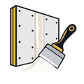 Paint roller applying white paint to a wall panel with black dots and yellow trim