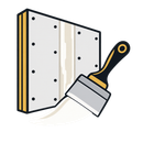 Paint roller applying white paint to a wall panel with black screws