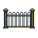 Black and gold decorative metal gate with pointed pickets and square posts