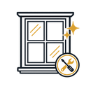 Stylized window with sparkles and repair tools icon, suggesting window cleaning or maintenance