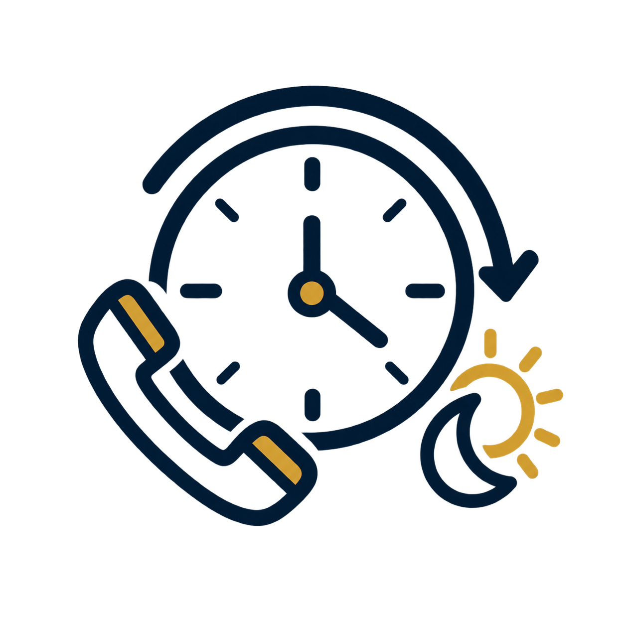 Phone and clock icon with circular arrows, plus sun and moon for 24/7 availability