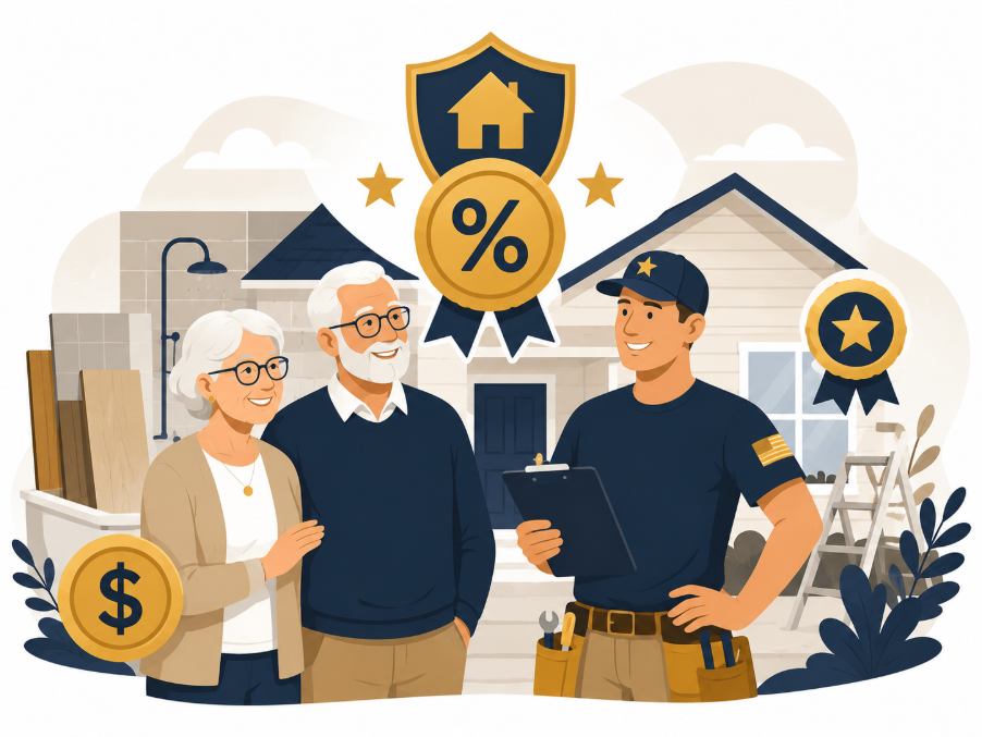 Three people discussing a home loan with a house, shield, percent icon, and coin symbols in the background