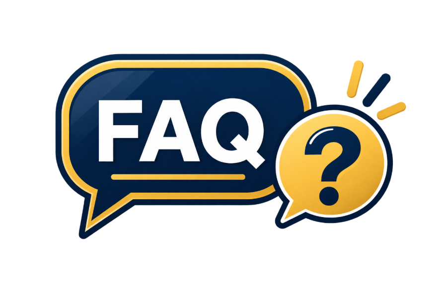 FAQ in a navy speech bubble with a yellow question mark icon