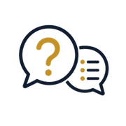Two overlapping chat bubbles with a gold question mark and bullet list icons in navy and gold.