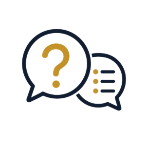Two overlapping chat bubbles with a gold question mark and bullet list icons in navy and gold.