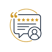 Customer review icon with five gold stars and a speech bubble outline in navy and gold