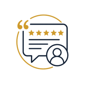 Customer review icon with five gold stars and a speech bubble outline in navy and gold