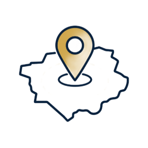 Map outline with a gold location pin marking a spot in the center