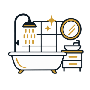 Stylized bathroom with a white tub, shower, mirror, sink, and gold accents