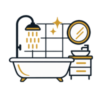 Stylized bathroom with a white tub, shower, mirror, sink, and gold accents