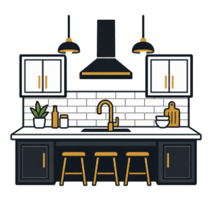 Stylized modern kitchen with black cabinets, gold fixtures, island stools, pendant lights, and white subway tile backsplash