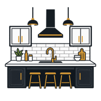 Stylized modern kitchen with black cabinets, gold fixtures, island stools, pendant lights, and white subway tile backsplash