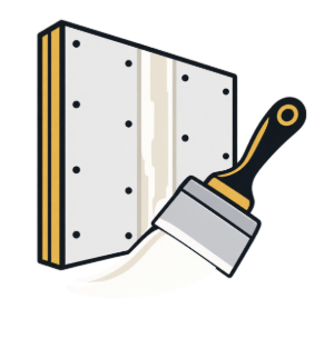 Paintbrush applying white paint to a wall with visible bolts and yellow trim