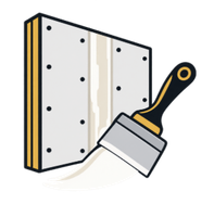 Paintbrush applying white paint to a wall with visible bolts and yellow trim