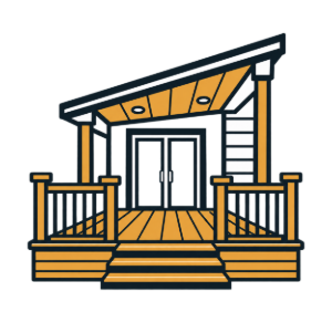 Illustration of a small porch with steps, railings, double doors, and a slanted roof.