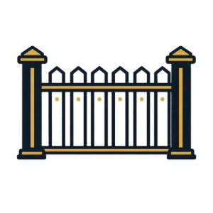 Stylized black and gold metal fence gate icon with pointed tops