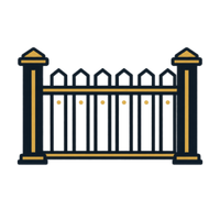 Stylized black and gold metal fence gate icon with pointed tops