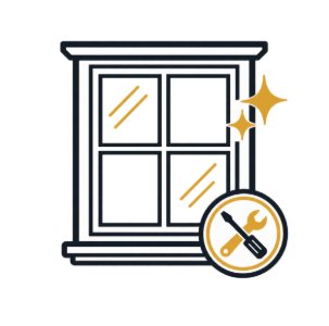 Outlined window icon with sparkles and a wrench-and-screwdriver badge, suggesting window repair or cleaning