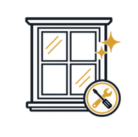 Outlined window icon with sparkles and a wrench-and-screwdriver badge, suggesting window repair or cleaning