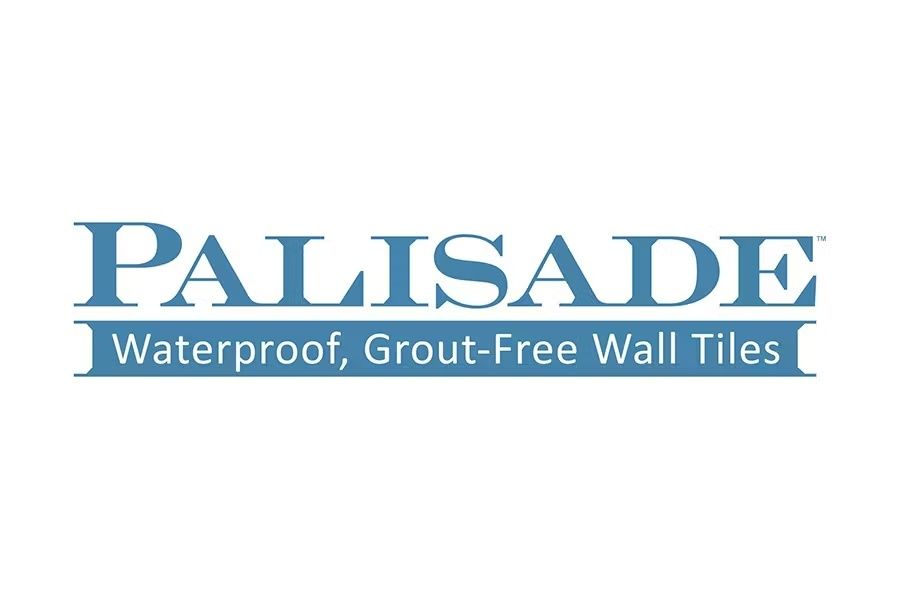 Palisade logo with the tagline “Waterproof, Grout-Free Wall Tiles” in blue on white background