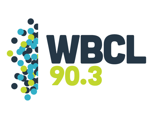WBCL 90.3 logo with navy and lime text beside a vertical cluster of colorful dots