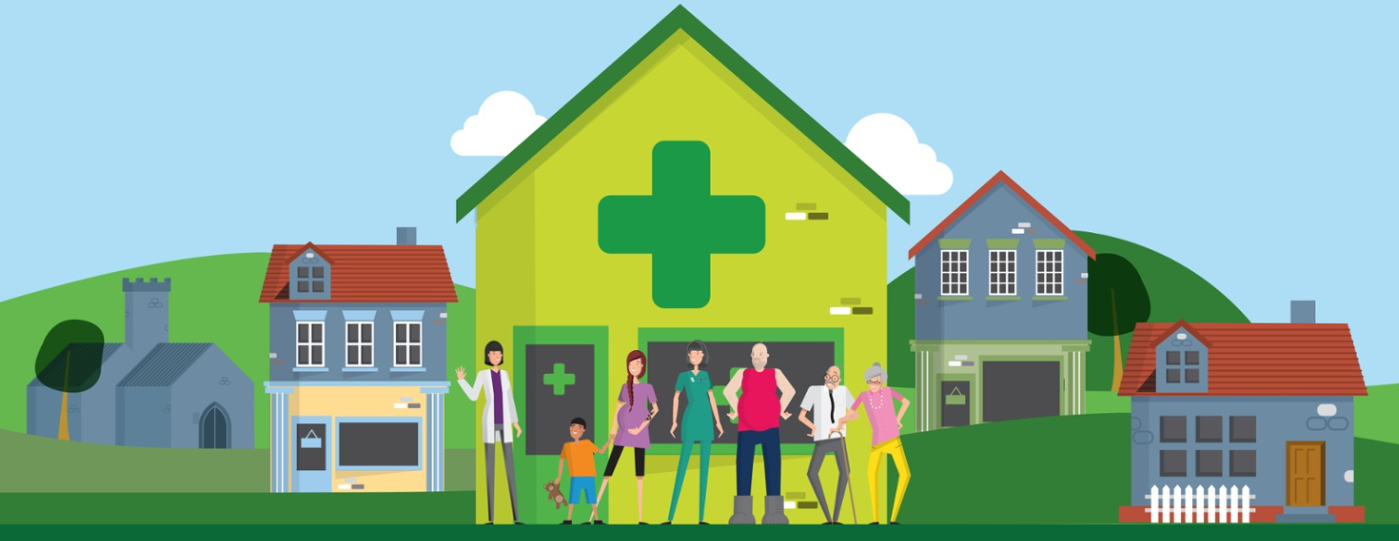 A group of people are standing in front of a green house with a green cross on it.