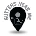 Black location pin with gutters illustration and "GUTTERS NEAR ME" text.