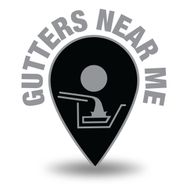 Black location pin with gutters illustration and "GUTTERS NEAR ME" text.