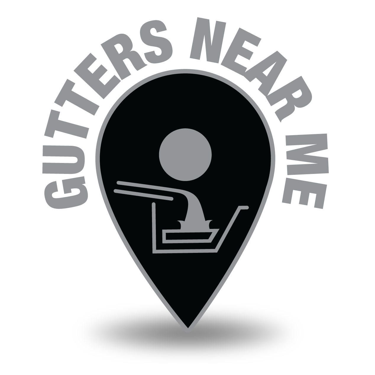Black location pin with gutters illustration and "GUTTERS NEAR ME" text.
