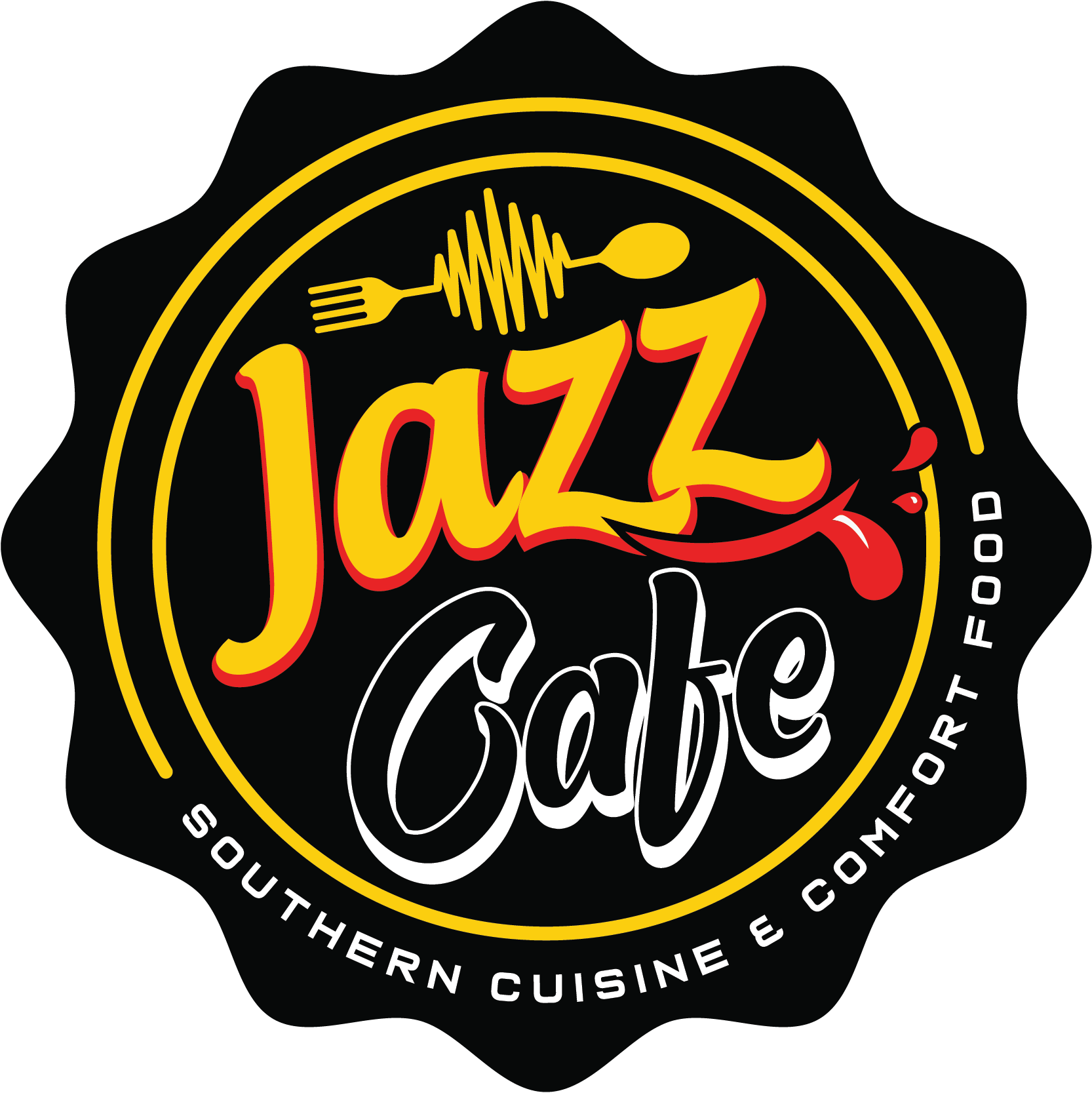 A logo for a restaurant called jazz cafe southern cuisine and comfort food.