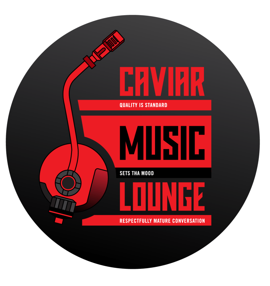 A logo for caviar music lounge with a record player and a microphone