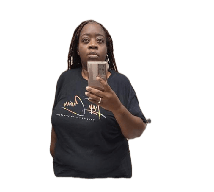A woman in a black shirt is taking a selfie with her phone