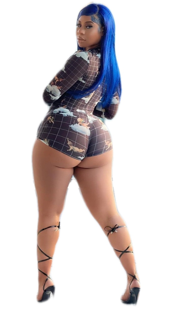 A woman with blue hair is standing in a bodysuit.