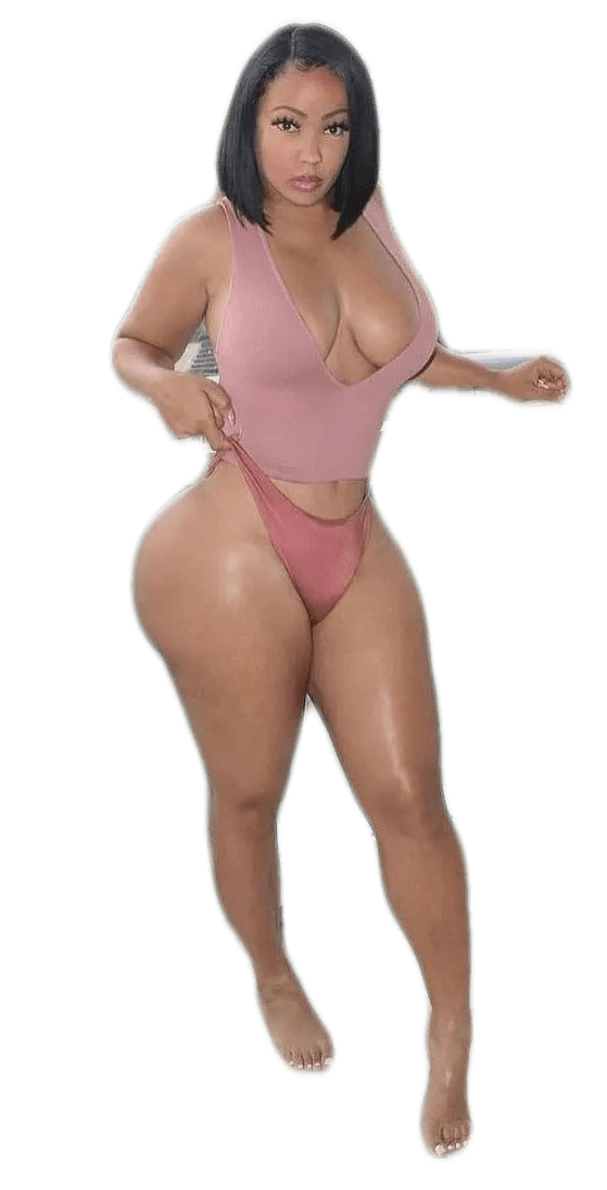 A woman in a pink bikini is standing on a white background.