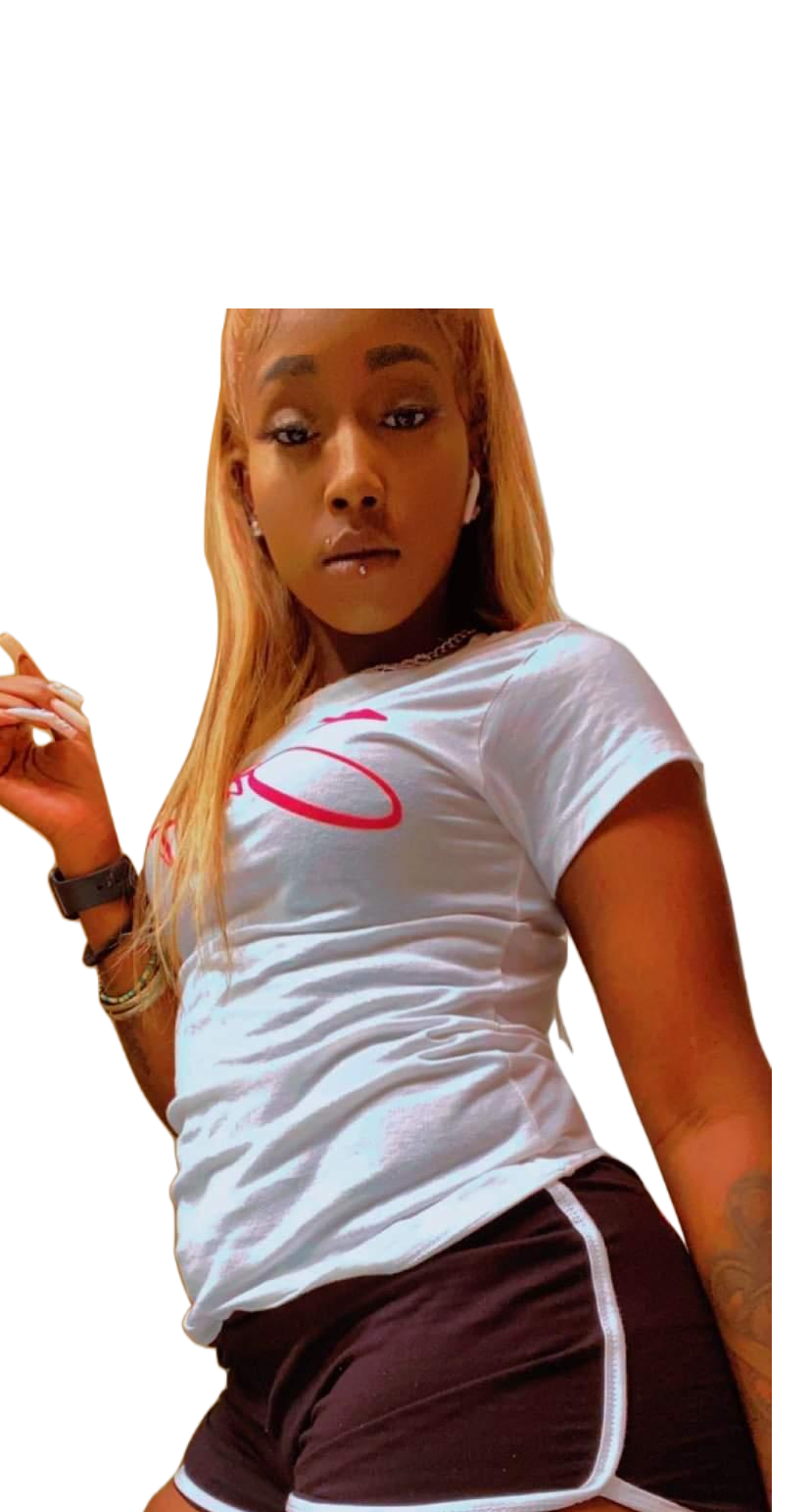 A woman in a white shirt and shorts is standing on a white background.