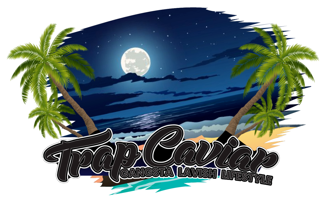 A picture of a beach with palm trees and a full moon.