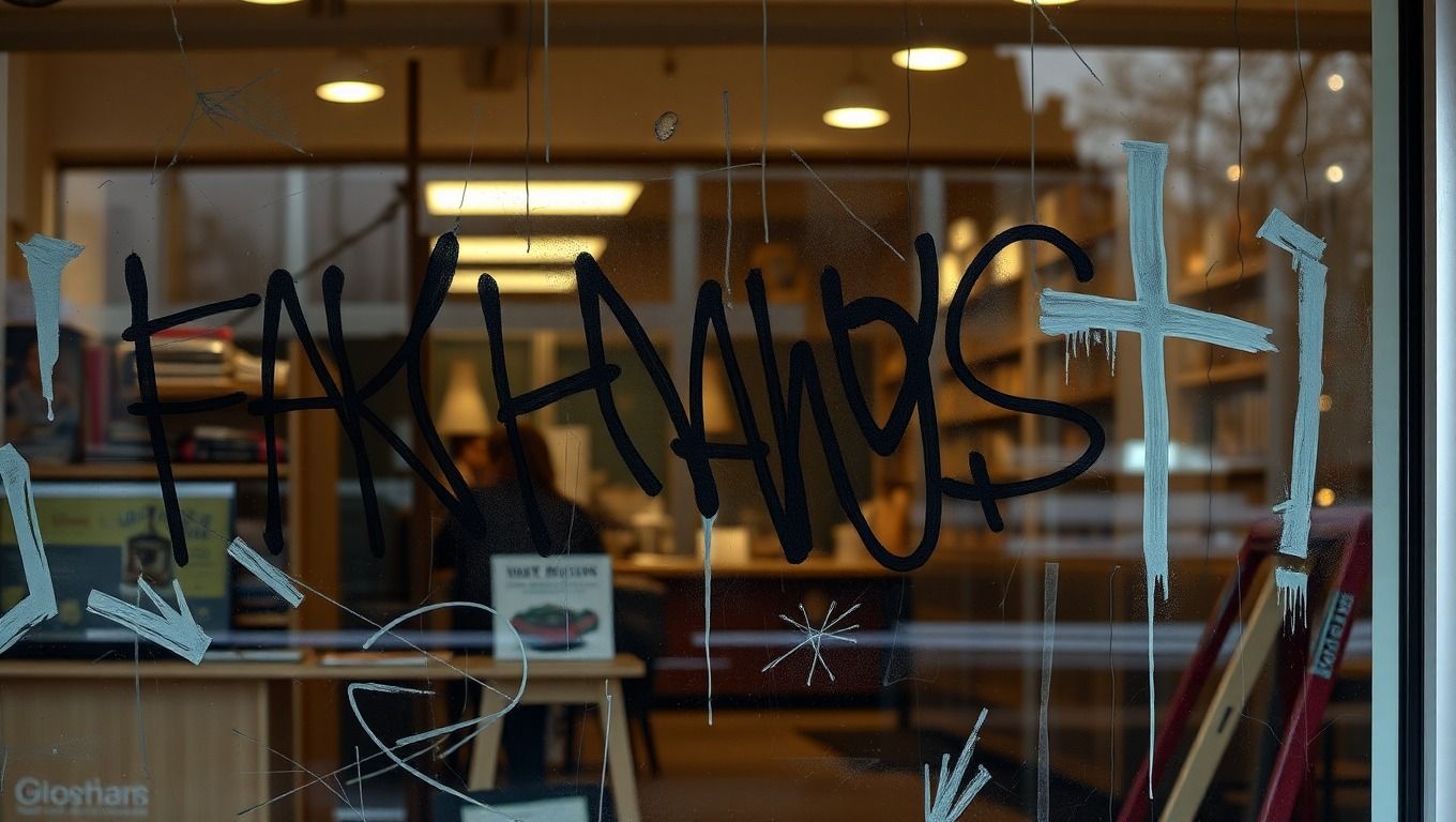 Perth shopfront glass tagged with graffiti etching, showing the scratched damage to be treated