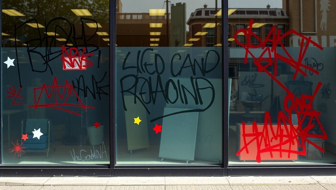 Graffiti on a Perth shop front window with Solarban WA sacrificial anti-graffiti film applied over the glass