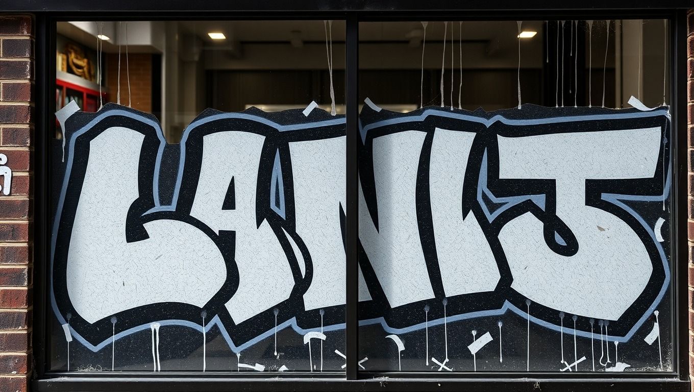 Damaged anti-graffiti film being peeled away from a Perth shopfront window for replacement
