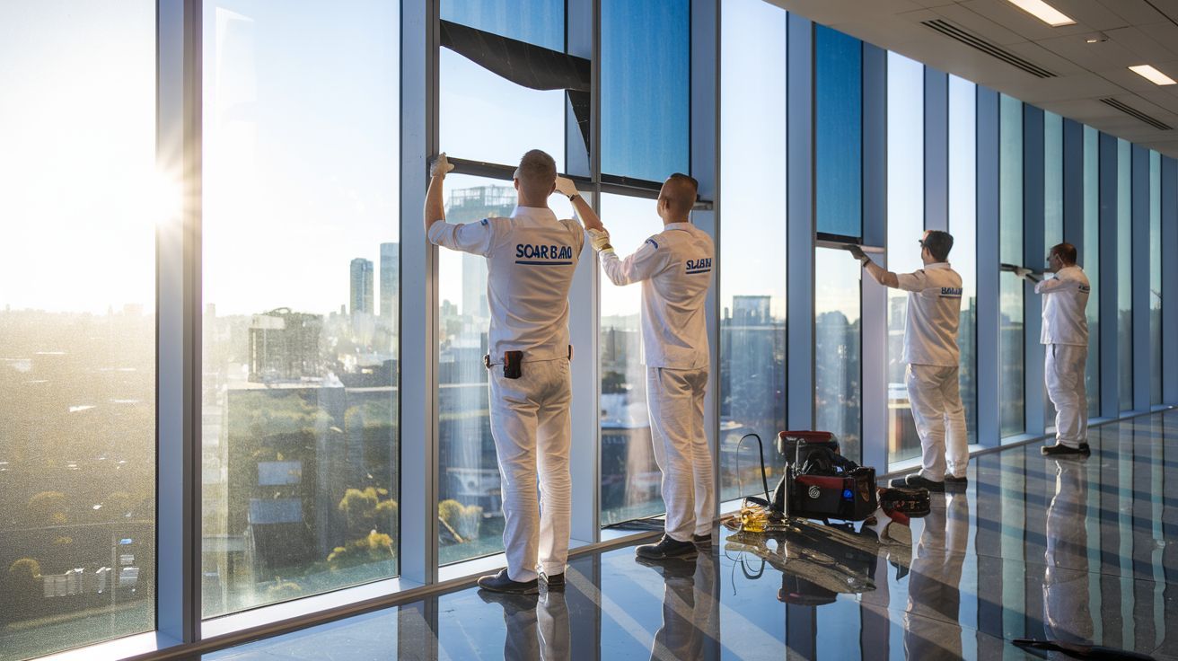 The Solarban WA commercial window tinting installation process on a Perth office building