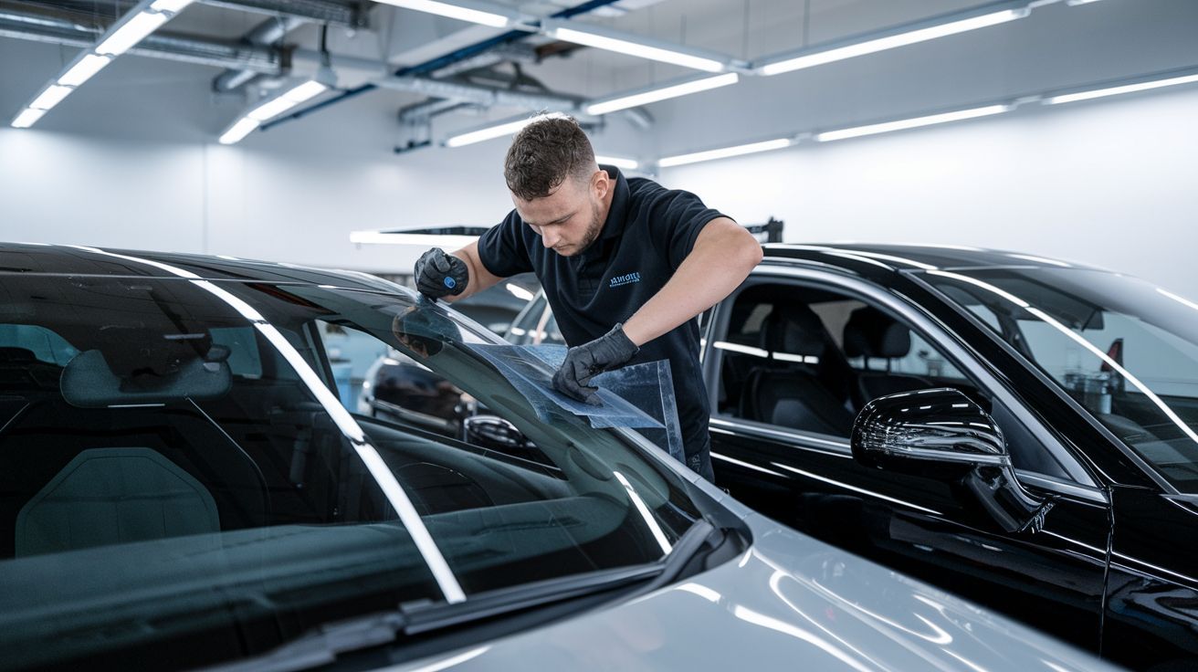 Car window tinting being fitted at the Solarban WA workshop in Bassendean, Perth