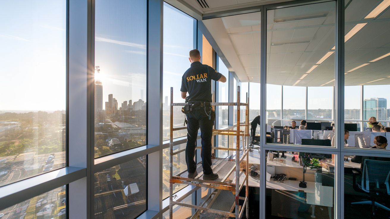 Office window tinting on a Perth commercial building, reducing heat and glare on the working floor