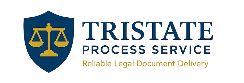 Tristate Process Service logo featuring a blue shield icon with a gold scale of justice and dark blue text on white.