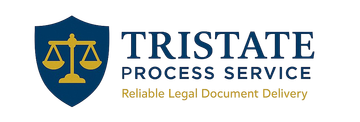 Tristate Process Service logo featuring a blue shield icon with a gold scale of justice and dark blue text on white.