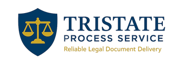 Tristate Process Service logo featuring a blue shield icon with a gold scale of justice and dark blue text on white.